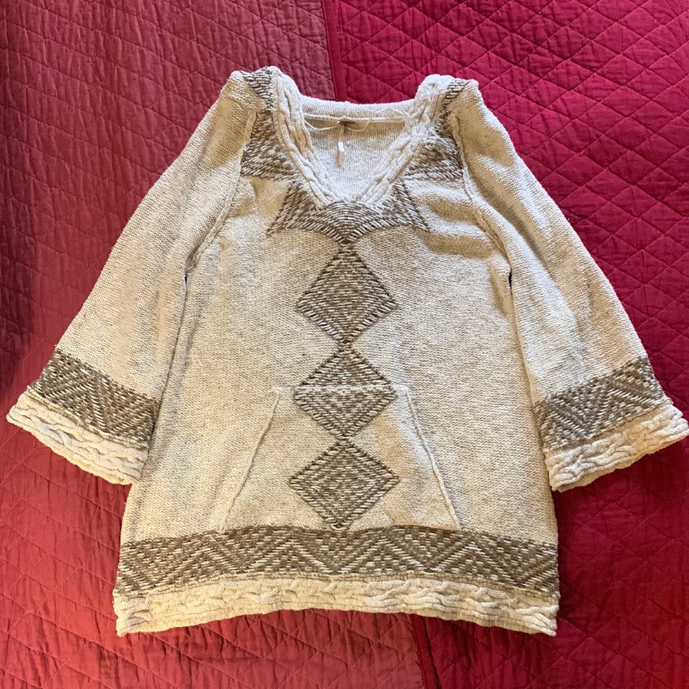 Free People Cream Print Hooded Sweater Tunic Bell Sleeves